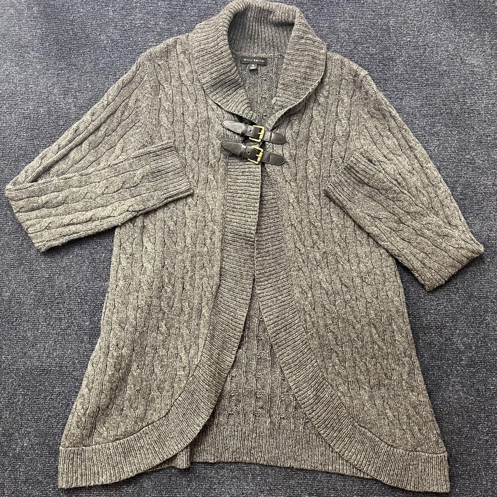 Willi Smith Cardigan Sweater Womens Medium Gray‎ Cable Knit Buckle Open Front